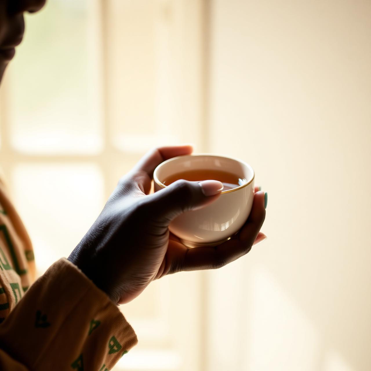 Hands cradling a warm cup of tea in soft window light